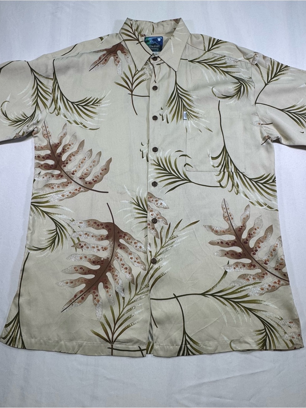 Men's Beige Tropical Print Short Sleeve Button-Down Shirt - Picture 6 of 9